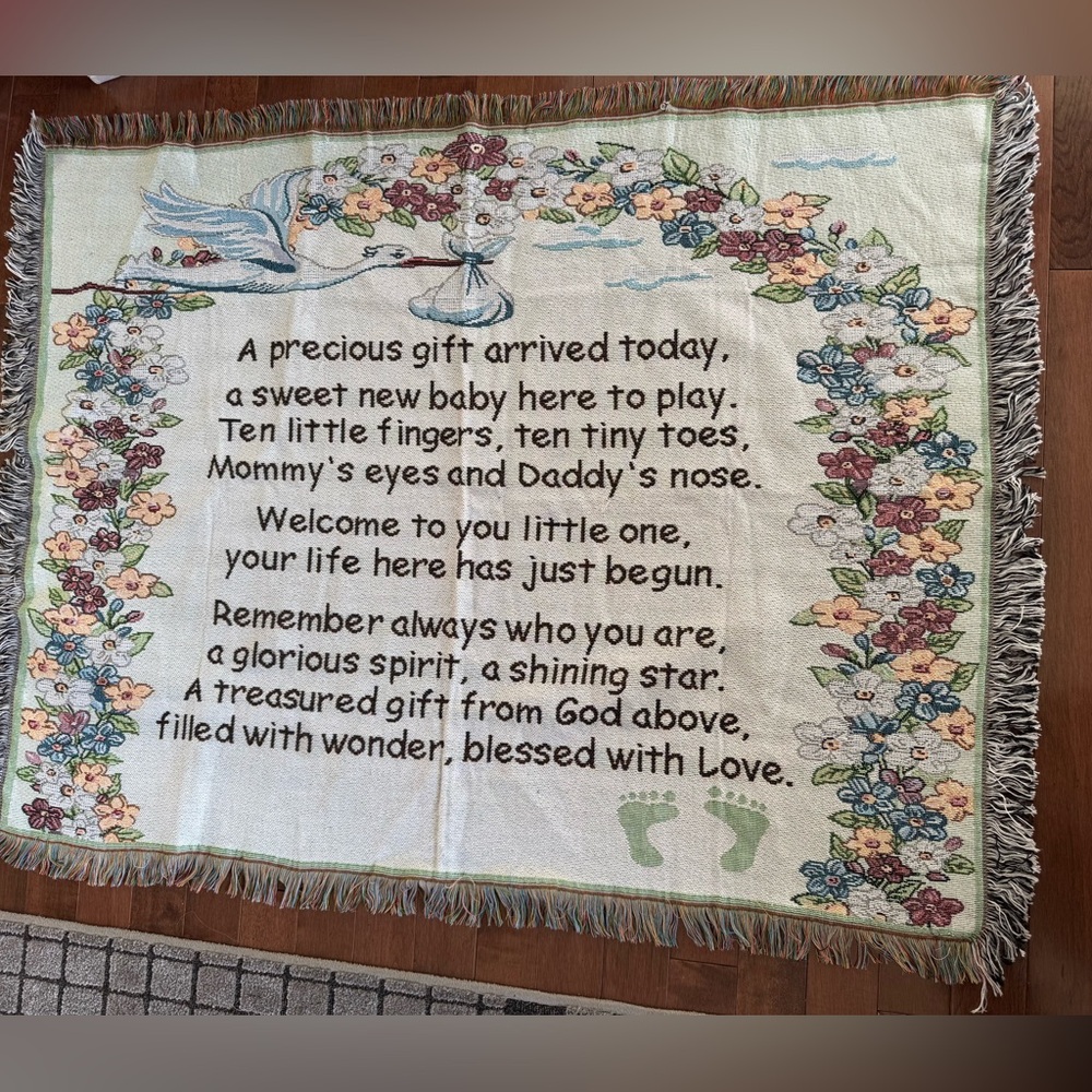 Baby Blanket Afghan Throw "A Precious Gift" Poem Stork Flowers